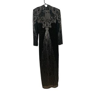 Vintage Black Beaded Formal Dress Womens Size 10 Black Tie He-Ro Industries Silk